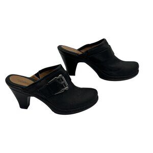 Womens Croft & Barrow Black Leather Heeled Mules W/Buckle Size 8 Slip-On Design